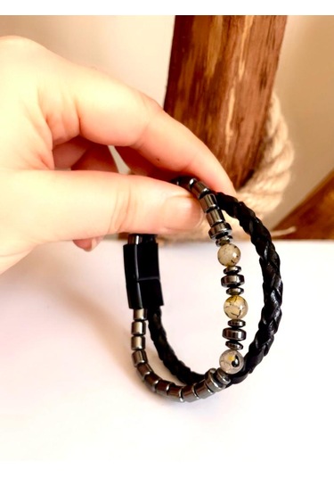 %100 Deri-hematit Kombin Erkek Bileklik Net 21cm Türk El Üretimi Siyah - Gri