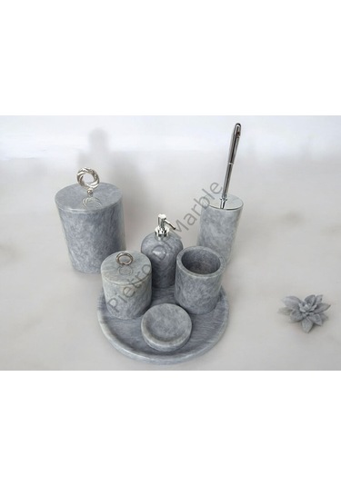 Gri Mermer Klasik Model 7 Parça Gümüş Renk Halka Aksesuarlı Banyo Seti Gri