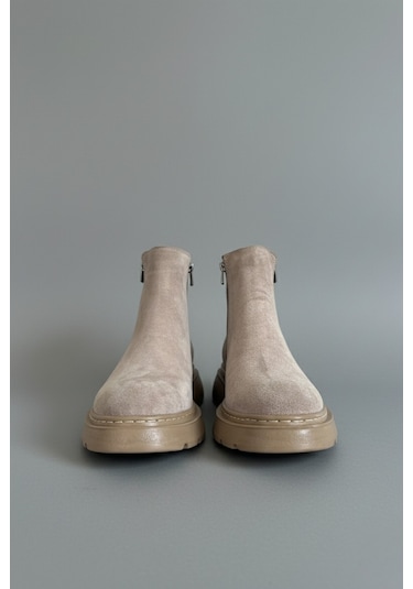 Muggo Chelsea Hakiki Deri Çift Fermuarlı Garantili Erkek Kışlık Bot Kum