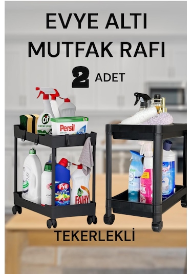 Maja 2 Adet 2 Katlı Siyah Tekerlekli Düzenleyici Mutfak Rafı Bany Siyah