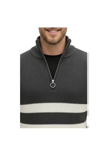 Deepsea Erkek Füme Yarım Fermuarlı Oversize Kesim Triko Kazak Pamuklu Yumuşak Örgü Çizgili Kazak 2608513 Füme Deepsea Erkek Füme Yarım Fermuarlı Oversize Kesim Triko Kazak Pamuklu Yumuşak Örgü Çizgili Kazak 2608513 Füme