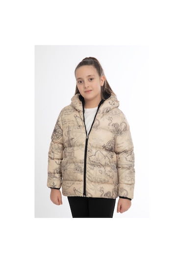 Kız Çocuk Bej Pusula Desen İçi Polar Su Ve Rüzgar Geçirmez Kapüşonlu Cepli Şişme Kışlık Mont Bej