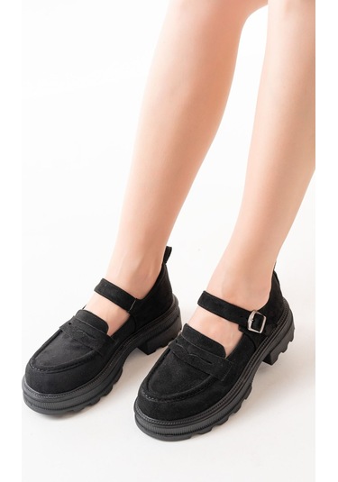 745-771 Siyah Süet Kadın Günlük Yüksek Tabanlı Loafer Ayakkabı Siyah