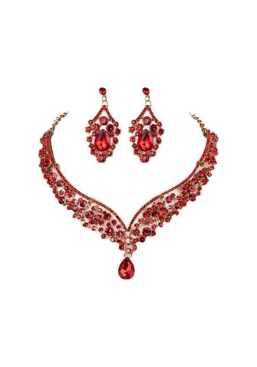 Kırmızı 1 Takım Gelin Küpe Kolye Su Damlası Şeklinde Rhinestones Takı Geometrik Ayarlanabilir Takı Seti Düğün İçin Kırmızı