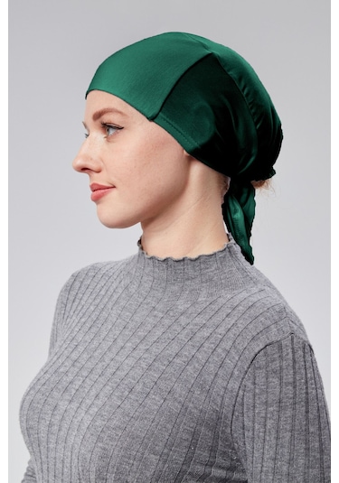 Kadın Tesettür Likralı Penye Dikişsiz Kaymaz Düz Bağlamalı Bone Yeşil