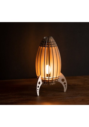 Çocuk Genç Odası için Doğal Ahşap Mdf Lazer Kesim Roket Abajur  - Kahverengi