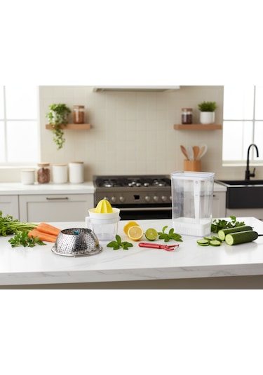 Ludıa Narenciye Sıkacağı,sebze Saklama Kabı,sebze Pişirici Ve Sebze Meyve Soyacağı 4 Lü Set Gri - Şeffaf