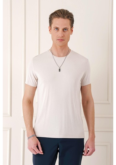 Slim Fit Bisiklet Yaka Düz Pamuklu Açık Bej Tişört Ts 823 Bej