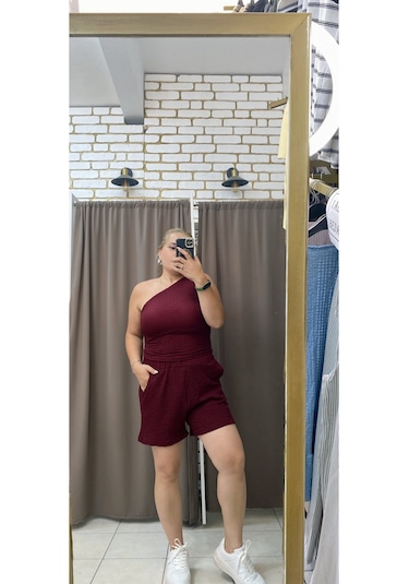 Tuba Toptaş Gofre Şort Lastikli Bel Bordo