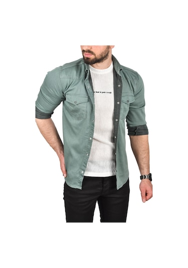 Deepsea Erkek Yeşil Slim Fit Pamuklu Cepli Kot Gömlek Çıtçıtlı Uzun Kollu Spor Gömlek 2502503 Yeşil