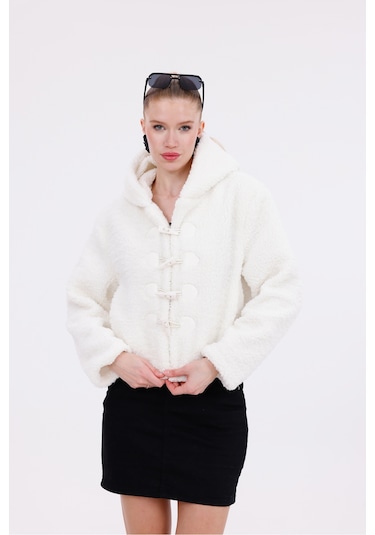 Kapüşonlu Düğmeli Peluş Mont - Kadın Beyaz