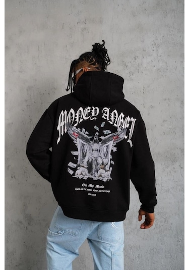 Mbb E-ticaret Erkek 3 İplik Pamuklu Baskılı Kapüşonlu Cepli Sweatshirt Hoodie - Siyah