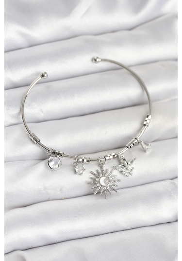 Güneş Charmlı Gümüş Renk Pirinç Kadın Bileklik Çok Renkli