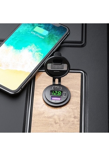 Honmex Araç Telefon Şarj Cihazı Pd+qc3.0, Voltaj Göstergeli, Anahtarlı, Mavi Işık, 60cm Kablolu Tek Qc3.0+pd