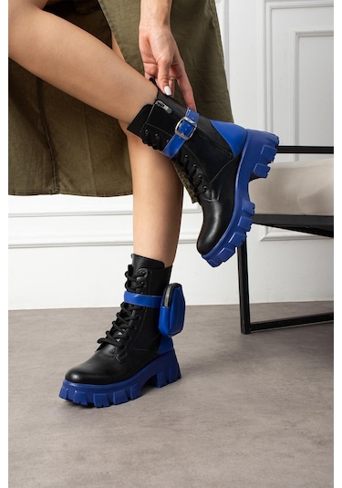 Shoetek Lorbi Kadın Bot Çantalı Postal Lacivert Tabanlı Siyah Deri Lacivert