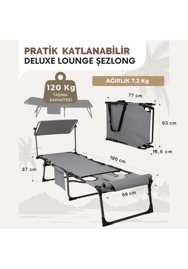 Kingcamp Magnolia B10 Plus Hands-free Premium 7 Kademeli Katlanır Şezlong Grey Gri