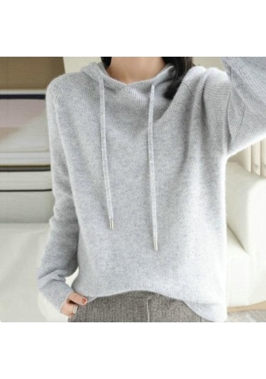 Novahub Kadın Hoodie Uzun Kollu Rahat Sıcak Düz Renk Örgü Kazak Kış Üstü Gri Renk Sonbahar Kış Giyim Gri