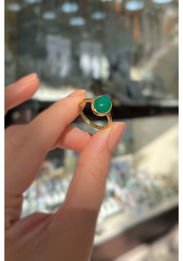 Gümüş 10x8 Mm Yeşil Taşlı Altın Kaplama Yüzük Diğer