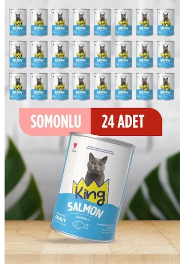 King Sos İçerisinde Et Parçacıklı Somonlu Kedi Konservesi 400 Gr 24 Adet