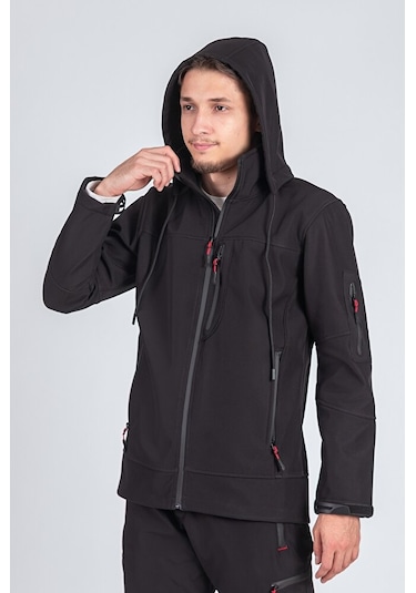 Suya Dayanıklı Slim Fit Softshell Kapüşonlu Erkek Mont Siyah Suya Dayanıklı Slim Fit Softshell Kapüşonlu Erkek Mont Siyah