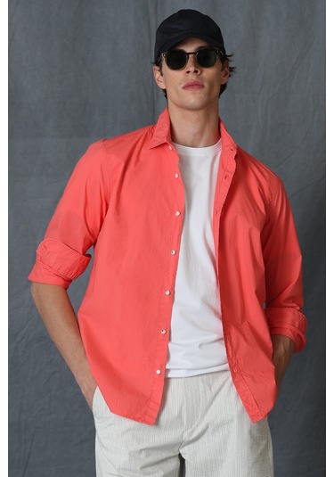 Lufian Makro Erkek Smart Gömlek Comfort Slim Fit Mercan