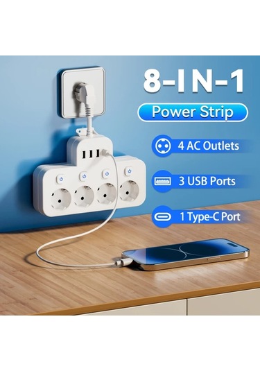 Xuweiwei 8li Avrupa Standart Güç Şeridi Siyah Aşırı Yük Korumalı 4 Ac Çıkış 3 Usb Port Duvara Monte Şarj İstasyonu Ev Ofis Seyahat İçin