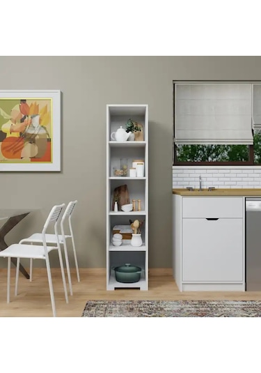 Duru 40 Cm Mat Beyaz 5 Raflı Kiler Tek Kapılı Banyo Ve Elbise Dolabı - Gardırop Beyaz