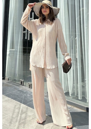 Kadın Bej Uzun Tunik Gömlek & Beli Lastikli, Bol Paça Pantolon - Salaş Bürümcük Takım Bej