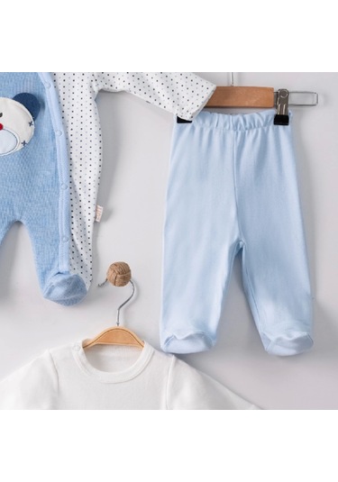 3 Ay Ayıcık Nakış Tulumlu Erkek Bebek 5'li Set Mavi Mavi