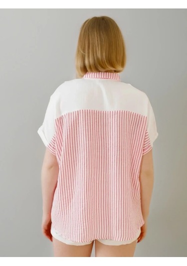 Kadın Keten Oversize Pembe Cizgili Beyaz Kısa Kollu Gömlek Pembe