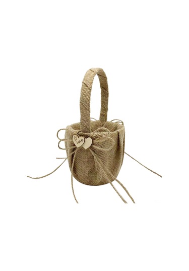 Xiyyadms Pmhl-057 Evlilik Çiçek Sepeti - Sarı Keten Ve Ahşap Çifte Kalp Desenli, 22x13.5cm, 100g