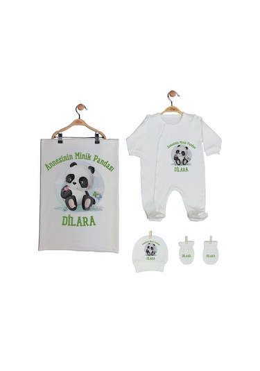 Pia Baby Gl 2009 İsme Özel Pandalı Beşli Tulum Set Krem