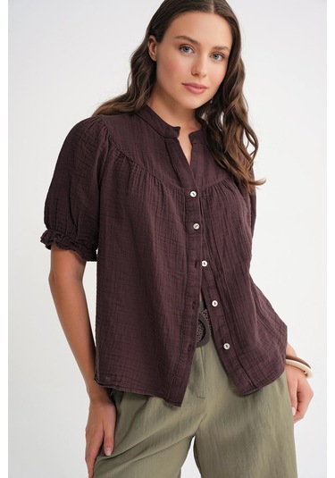 4725 Kadın Büzgü Robalı Kolu Fırfırlı Müslin Gömlek Kahve Kahve