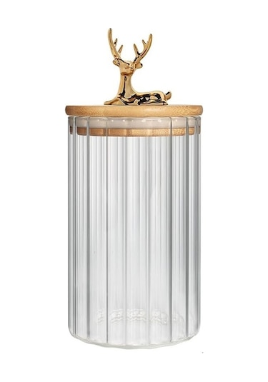 Morponi 3'lü Borosilikat Cam Gold Geyik Figürlü Bambu Kapaklı Kavanoz 750 Ml Şeffaf