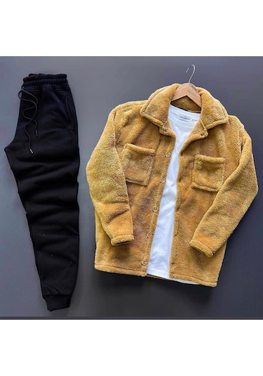 Unisex Taba Peluş Polar Hırka Gömlek Siyah Eşofman Altı Takım Taba