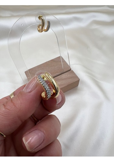 İthal Vip İkili Görünümlü Küpe Altın - Gümüş