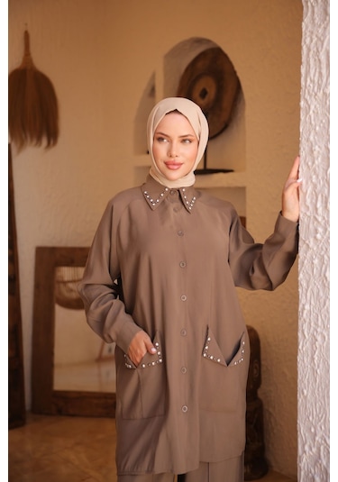 Kadın Tesettür Eşofman & Takımı, Alt Üst Uzun Takım Düğmeli Gömlek Pantolon 504 Vizon