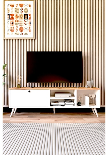 Lena Tv Sehpası, Tv Standı, Televizyon Ünitesi Beyaz - Atlantik Çam