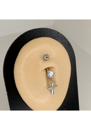 Aya Tasarım Gümüş Renkli Taşlı Haç Figürlü Göbek Piercing Gümüş