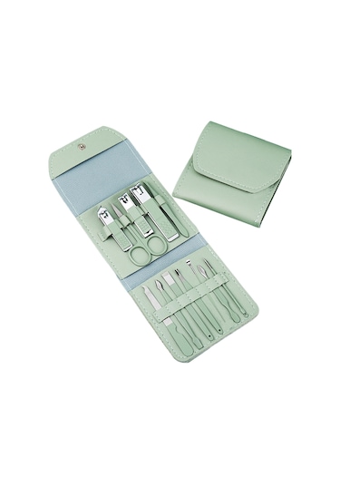 Kangvka 12 Parça Çelik Manikür Seti - Fırça, Tırnak Kırıcı, Düzeltme Aletleri İle Katlanabilir Pu Çanta Yeşil Yeşil