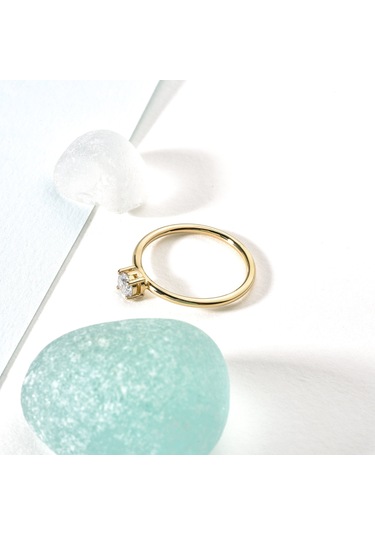 14 Ayar Altın Kaplama Yuvarlak Kesim Tektaş Gümüş Yüzük - Rs00104 Altın