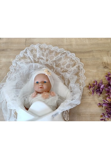 Ekru Kız Erkek Bebek Battaniyesi Kundağı %100 Pamuklu Dantelli Yenidoğan Hastane Çıkışı Mevlütlük Knd45255 Ekru