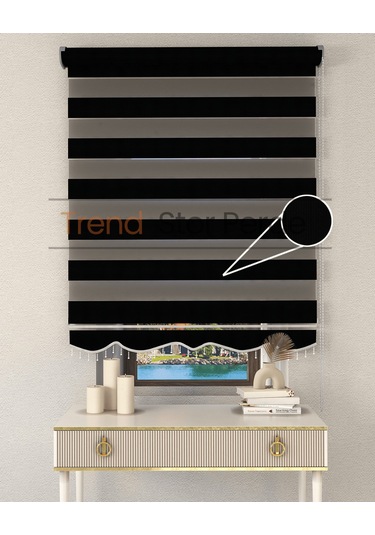 Siyah Bambu Boncuklu Zebra Stor Güneşlik Perde Opak Siyah