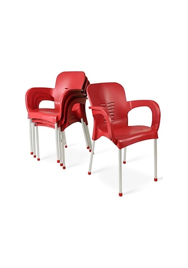 4 Adet Metal Ayaklı Plastik Sandalye Koltuk Kırmızı Kırmızı