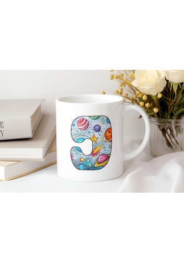 J Baş Harf Gezegen Desenli Kupa Bardak - Kişiye Özel Evren Temalı Kahve Çay Kupası - Gökyüzü Beyaz