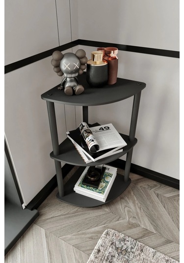 3 Katlı Dekoratif Köşe Kitaplık Siyah Siyah