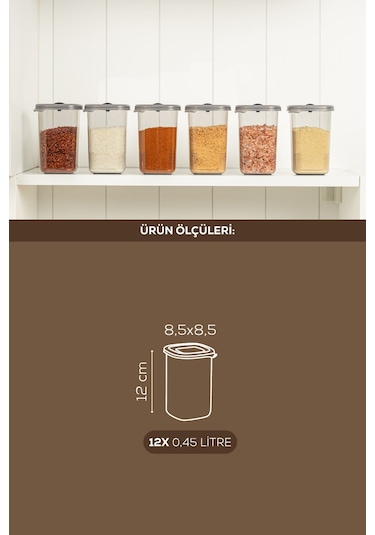 Vienev 12'li Döner Başlık Kapaklı Etiketli Hava Geçirmez 0,45 Lt Baharat Saklama Seti Antrasit