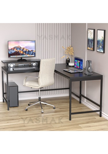 Siyah L Tipi Çalışma Oyun Masası 270s Dıştan Dışa 150x150 Ölçüsünde Siyah