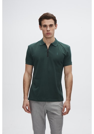 Twn Slim Fit Haki Pike Dokulu Yarım Fermuarlı Polo Yaka T-shirt 4ec14ortfrplo Haki