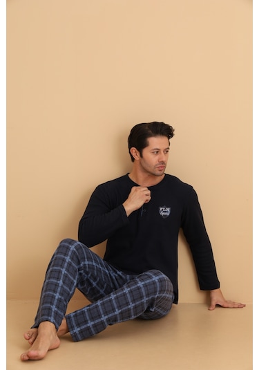 Flkn 7015 İnterlok Kışlık Ekose Pijamalı Erkek Pijama Takımı Lacivert